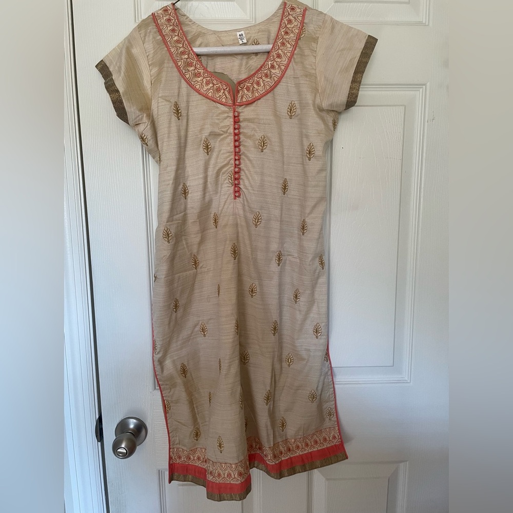 Kids Beige and Gold Embroidered Pajama Tunic with Pink Trim

Large